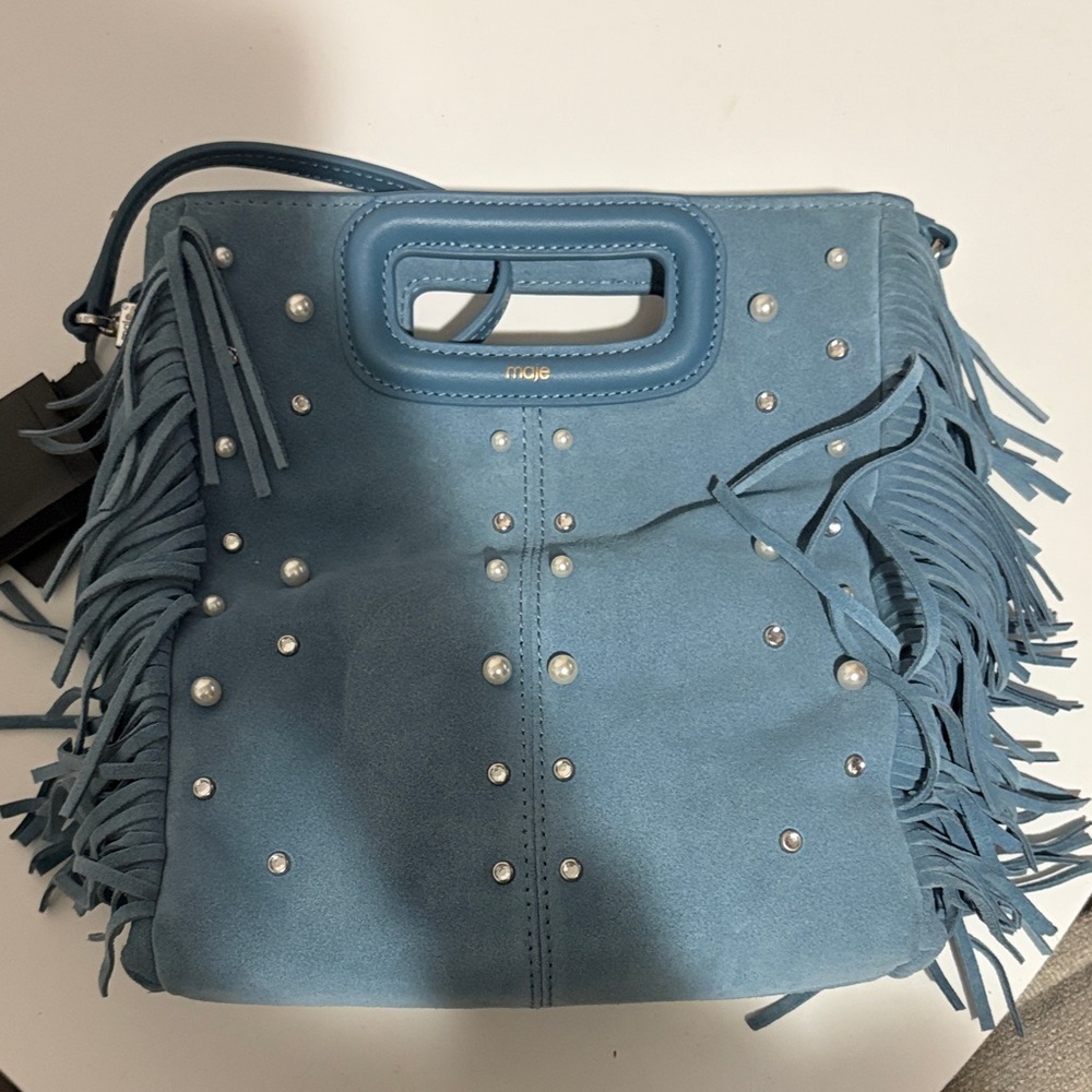 Maje Blue Suede Shoulder Bag with Fringe and Studs